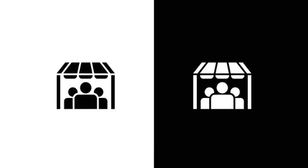 Storefront with Customers Icon Set in Black and White, Minimal Shop Market Symbol on Square Background