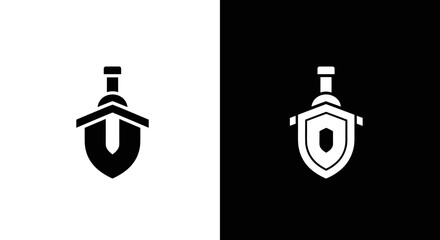 Shield and Sword Icon Set in Black and White, Minimal Security Protection Emblem on Square Background