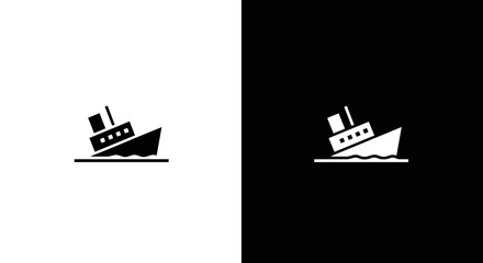 Sinking Ship Icon Set in Black and White, Minimal Boat Disaster Symbol on Square Background