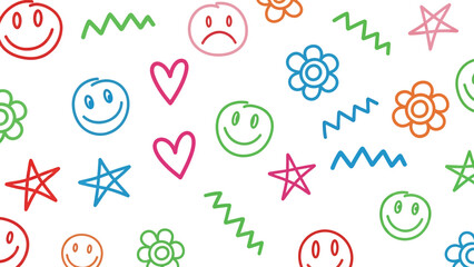 Colorful hand drawn doodle pattern featuring faces hearts stars and flowers.