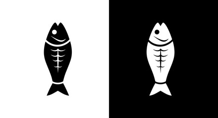 Fish Skeleton Icon Set in Black and White, Minimal Seafood Bone Symbol on Square Background