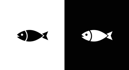 Fish Icon Set in Black and White, Minimal Seafood Animal Symbol on Square Background
