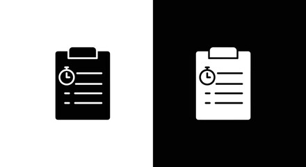 Clipboard Checklist Icon Set in Black and White, Minimal Task List Document Symbol on Square Background