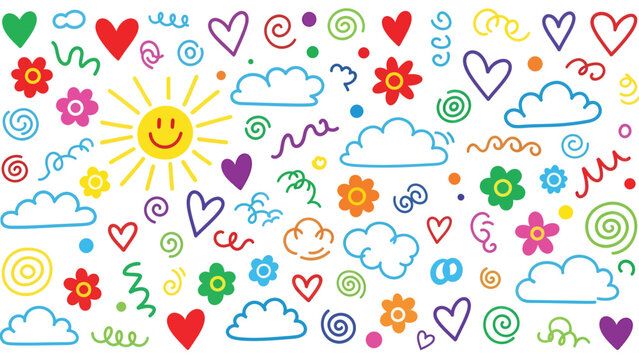 Colorful doodle pattern of hearts sun clouds and flowers.