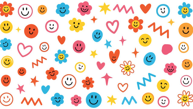 Colorful doodles and smiley faces pattern.