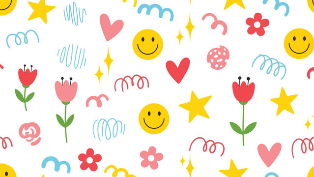 Colorful hand drawn doodle pattern with flowers hearts and stars.