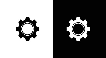 Gear Icon with Inner Circle in Black and White, Minimal Cogwheel Settings Symbol on Square Background