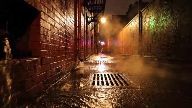 Rainy city alleyway at night with water pouring from a building and reflecting on the wet ground.