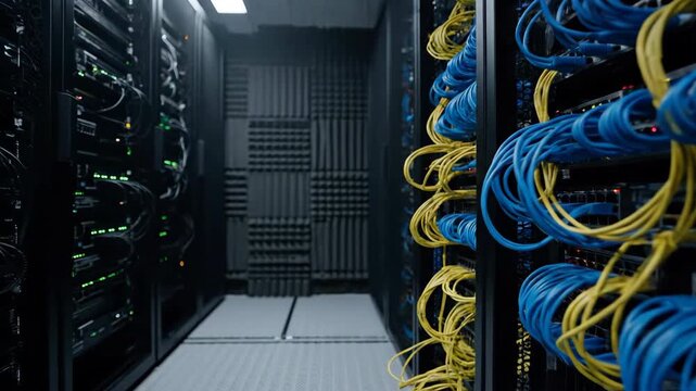 Server Room With Rows Of Racks Filled With Blue Yellow Network Cables And Blinking Lights