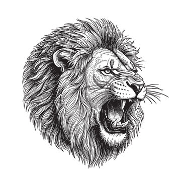 Vintage engraving illustration of a roaring lion head, highly detailed etching