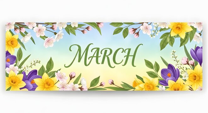 A vibrant spring banner featuring the word 'MARCH' surrounded by colorful daffodils, crocuses, and cherry blossoms on a gradient background.