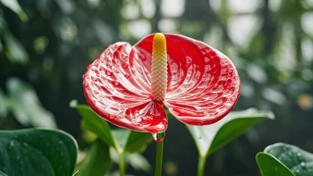 Close-up of a vibrant red anthurium flower being watered with droplets of water and a blurred background