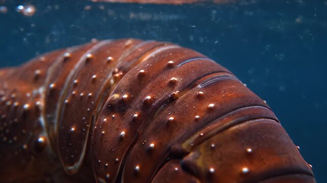 Close Up Of A Spiny Lobster Carapace Underwater With Bubbles And Water Surface Reflection
