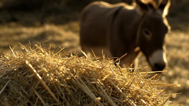 Close up of golden hay bale with blurry donkey in background at sunset on farm