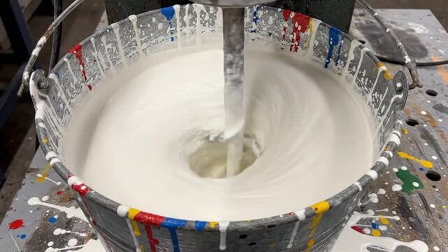 Mixing fresh white paint in a metallic bucket with a machine for a smooth, ready-to-use consistency