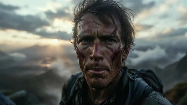 Close-up portrait of a man with mud on his face outdoors under cloudy sky