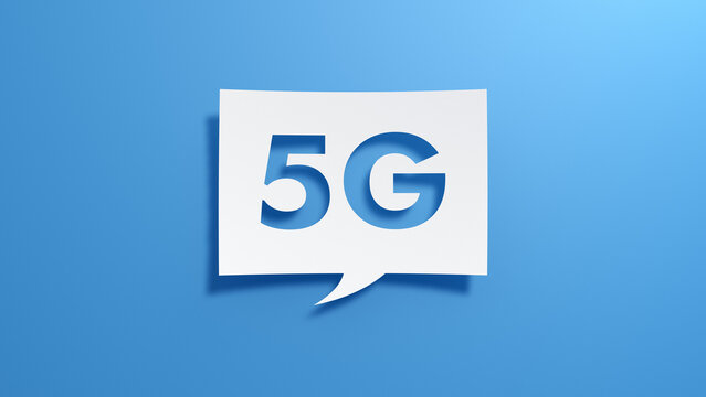 3D illustration of a white paper cut-out speech bubble with the text 5G, set against a clean blue gradient background.