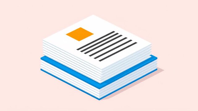 A stack of white paper documents with an orange square sits atop a blue book. Isolated on a light pink background. Minimalist office or study concept.