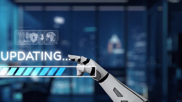 A futuristic robotic hand interacts with a digital updating interface displaying a blue progress bar, set against a sleek modern workspace, emphasizing technology and innovation. Auvana