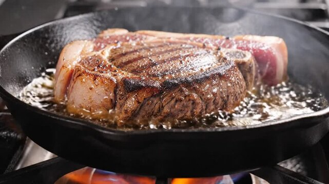 Close-up of a juicy steak sizzling in a cast iron skillet on a gas stove, cooking process