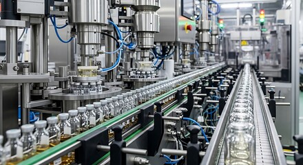 Industrial bottling plant machinery with conveyor belts and glass bottles.