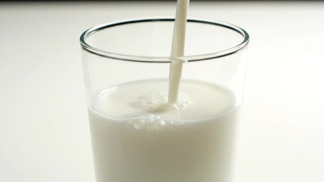 Close-up of fresh milk being poured into a tall clear glass with a white background for a healthy beverage