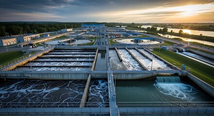 Aerial view of a large water treatment facility with multiple sedimentation tanks and processing units.