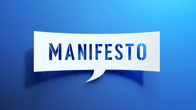 3D illustration with the word MANIFESTO cut out of a white paper-style speech bubble, floating over a smooth blue gradient background. Ideal for brand values, mission statements, creative guidelines.