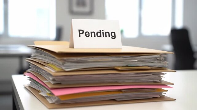 A tall stack of assorted documents and folders labeled 'Pending' sits on a white office desk. The background is softly blurred, showing office furniture and windows.