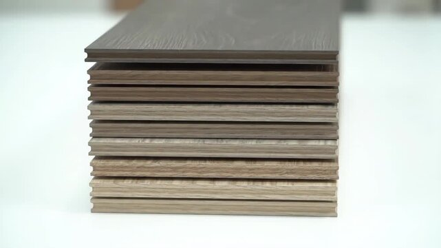 A neat stack of various wooden flooring planks is displayed against a white background, showcasing diverse wood grain patterns, textures, and color variations from dark to light tones.