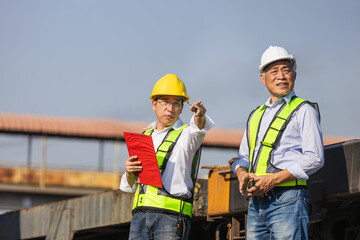 Senior Asian engineers in safety vests and hardhats discussing project details with a clipboard at a railway logistics site, Supervisors overseeing transportation infrastructure development at yard