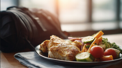 healthy grilled chicken breast with fresh garden salad for post workout meal, nutritious high protein fitness diet on table, balanced sports nutrition with vegetables and gym bag