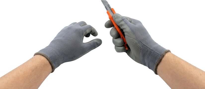 Two hands wearing grey protective gloves one holding an orange utility knife with a retracted blade ready for use craft knife cutter tool orange handle transparent background