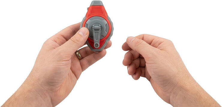 A person's hands are shown holding and operating a red and grey chalk line reel a tool used for marking straight lines chalk reel chalk line tool measuring tool transparent background