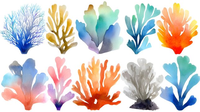 Colorful watercolor seaweed illustrations are arranged in a row against a white background creating a vibrant and artistic underwater scene.