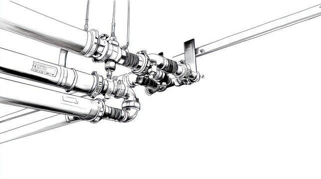 Industrial Pipelines and Connectors in Technical Illustration Style