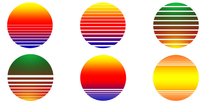 Retro striped sunset circle set inspired by 80s synthwave and vaporwave style. Vibrant gradient sun icons with horizontal lines.