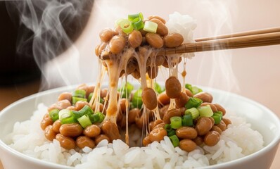 Steaming freshly cooked Japanese rice with natto lifted by chopsticks &ndash; traditional washoku breakfast image