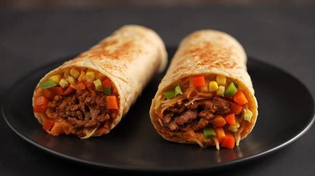 Delicious beef burritos with fresh vegetables on black plate