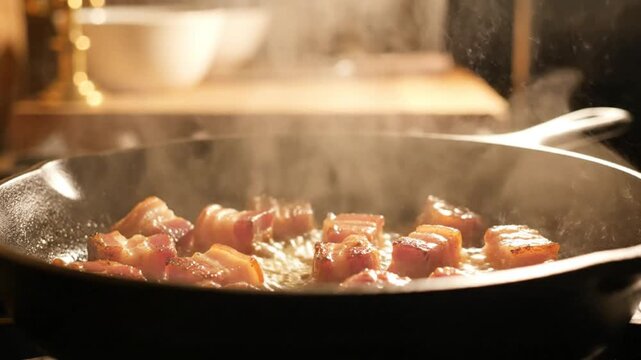 Bacon cubes sizzling in a cast iron skillet with wine being poured for cooking