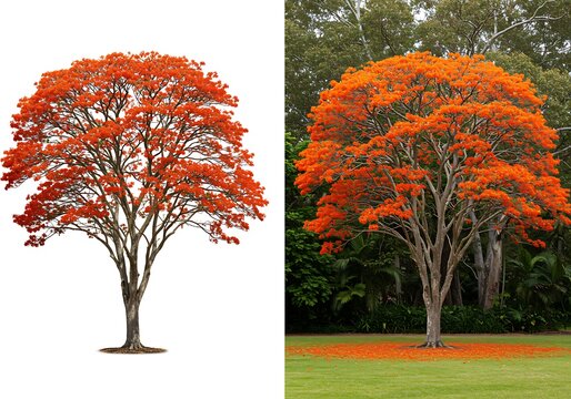 Flame tree with orange flowers and leaves in bloom in garden or park on green grass with other trees in background  tree with vibrant orange flowers in full bloom