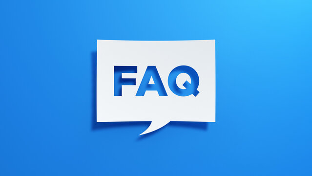 Minimalistic 3D paper-cut FAQ text inside a speech bubble on a clean blue background. Modern help center illustration with soft shadows, cutout effect and simple support concept design.