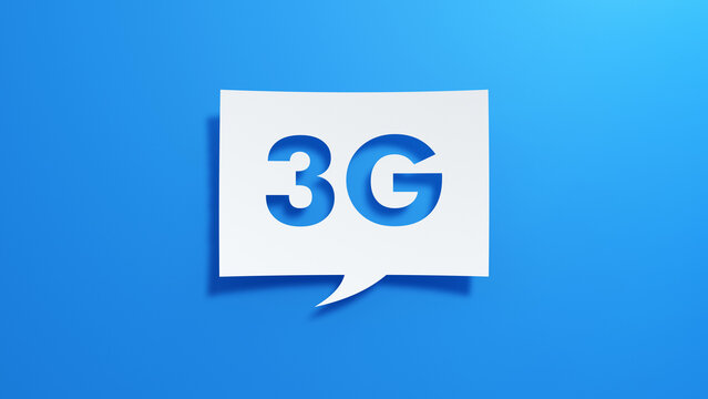 Minimal 3D render of a white paper speech bubble with cut out 3G text on a smooth blue gradient background. Modern communication and mobile network concept with soft shadows.