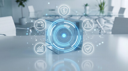 Futuristic transparent cube with glowing blue digital interface and finance security icons in a mode