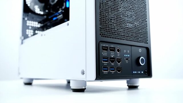 Close up of a white computer tower with a black front panel featuring multiple USB ports audio jacks and a blue LED ring light on a power button
