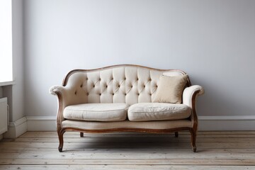 Classic upholstered sofa with button tufting sits on a wooden floor.
