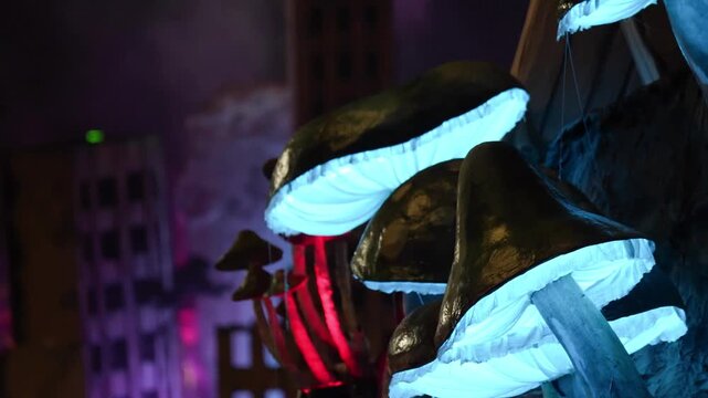 Colorful Viareggio Carnival floats moving at night on promenade with fireworks music and hundreds of masked performers