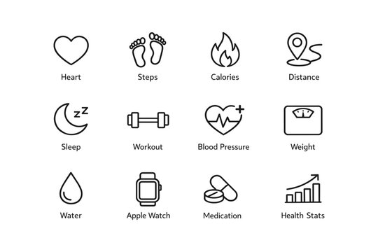 Icons representing health and fitness metrics including heart rate and sleep