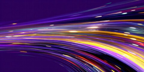 Abstract streaks of light with vibrant purple and yellow hues flow across a dark background.