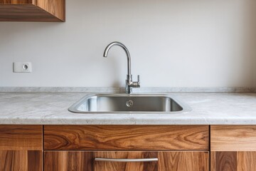 Modern kitchen sink with chrome faucet and wooden cabinets.
